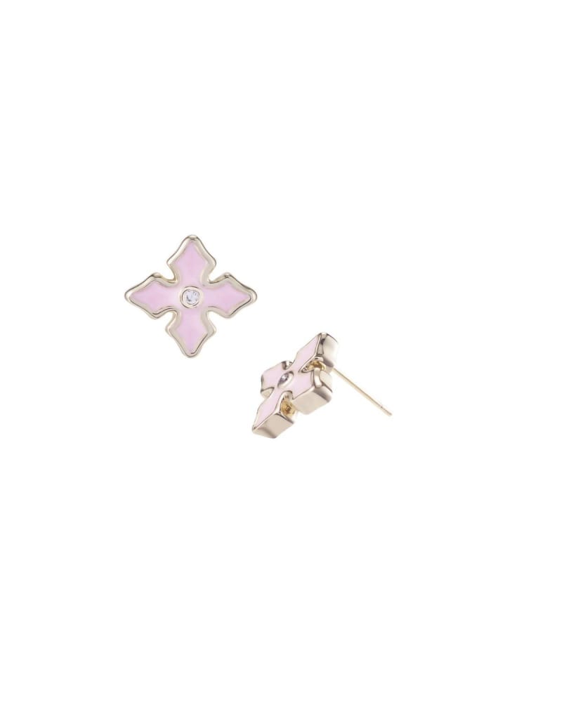 Front of a size O/S Little Minis Cross Earrings in Pink/Gold in Pink/Gold by Natalie Wood Designs. | dia_product_style_image_id:329743